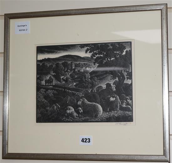 Charles Frederick Tunnicliffe (1901-1979) Sheep in a spring wood 7.5 x 9.25in.